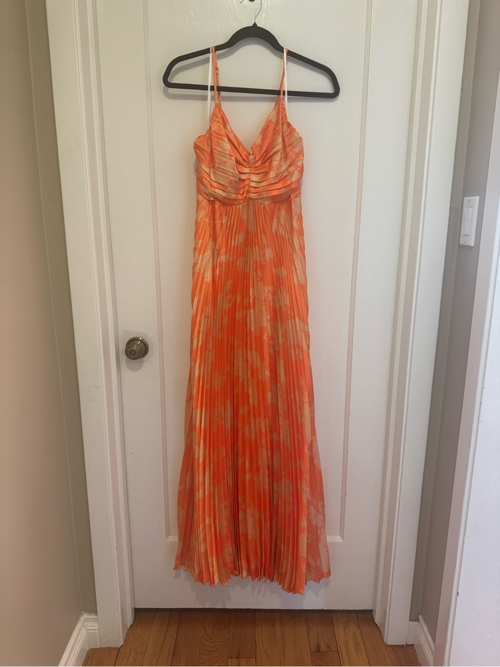 Vici Orange and Cream Pleated Spaghetti-Strap Maxi Dress